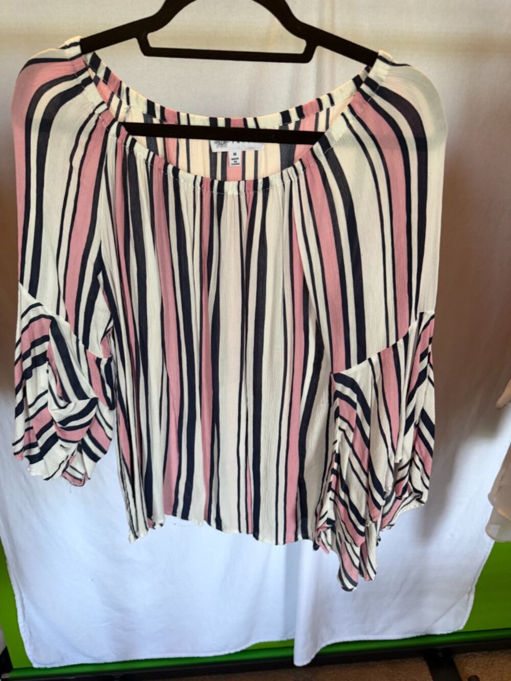 Fever Pink Navy Vertical Stripe Bell Sleeve Scoop Neck Blouse M